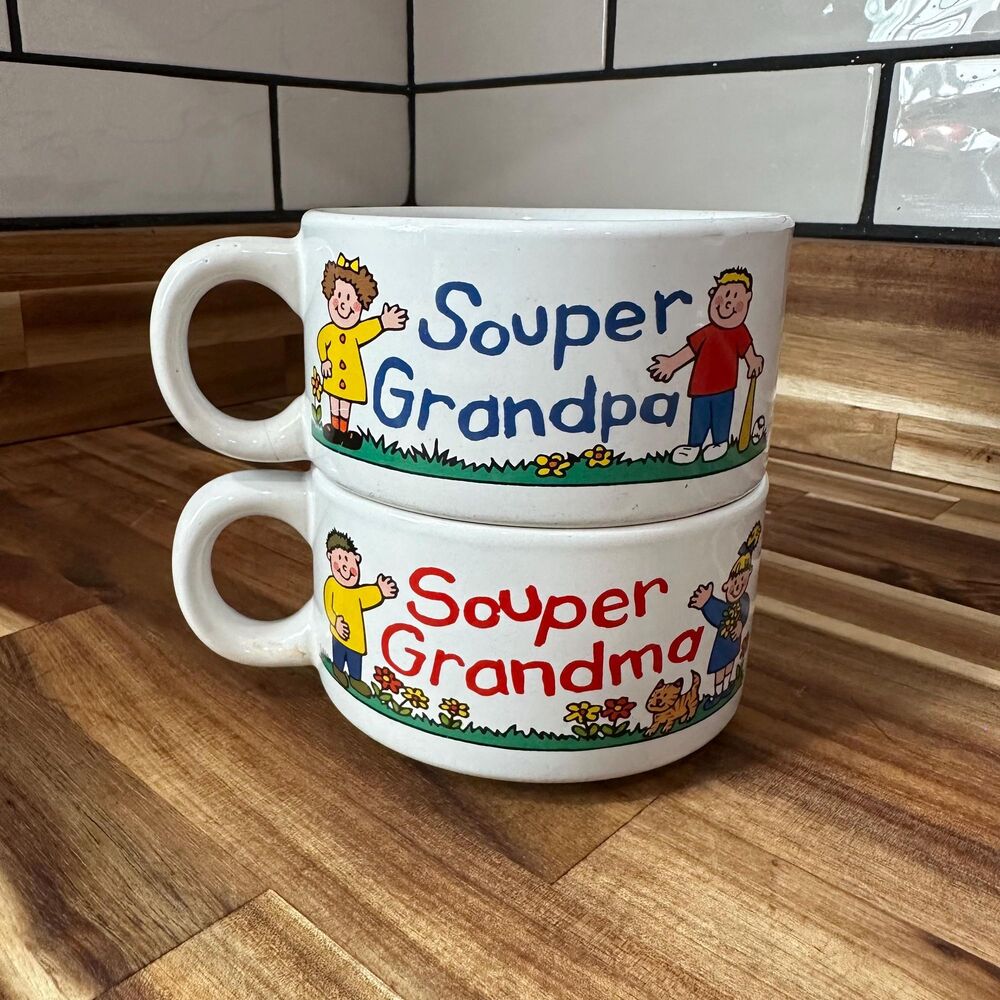 Vintage Soup Mugs - Colorful Grandma & Grandpa Souper Mugs - 16 oz